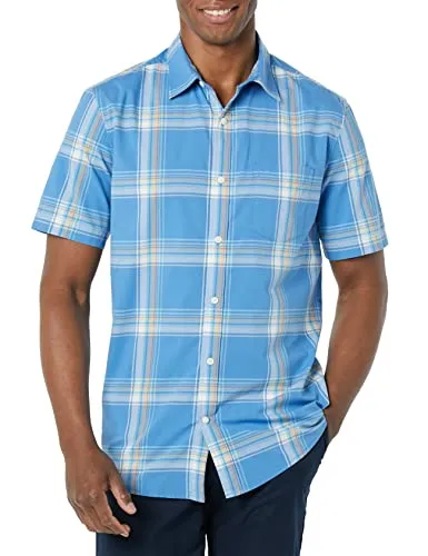 Amazon Essentials Men's Short-Sleeve Stretch Poplin Shirt (Available in Big & Tall), Navy Red Plaid, Small