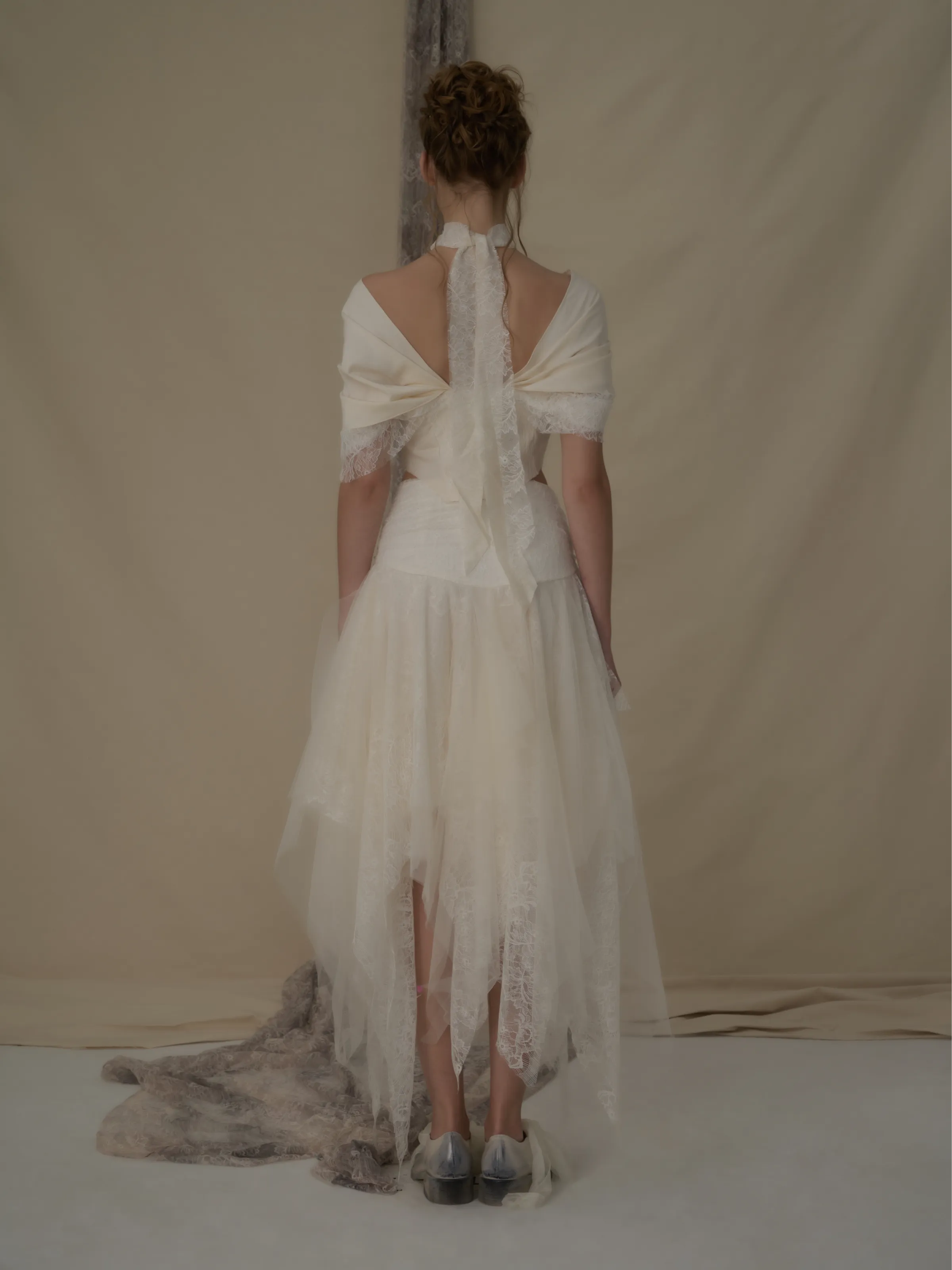 Beige Jacquard Off-Shoulder Lace Top