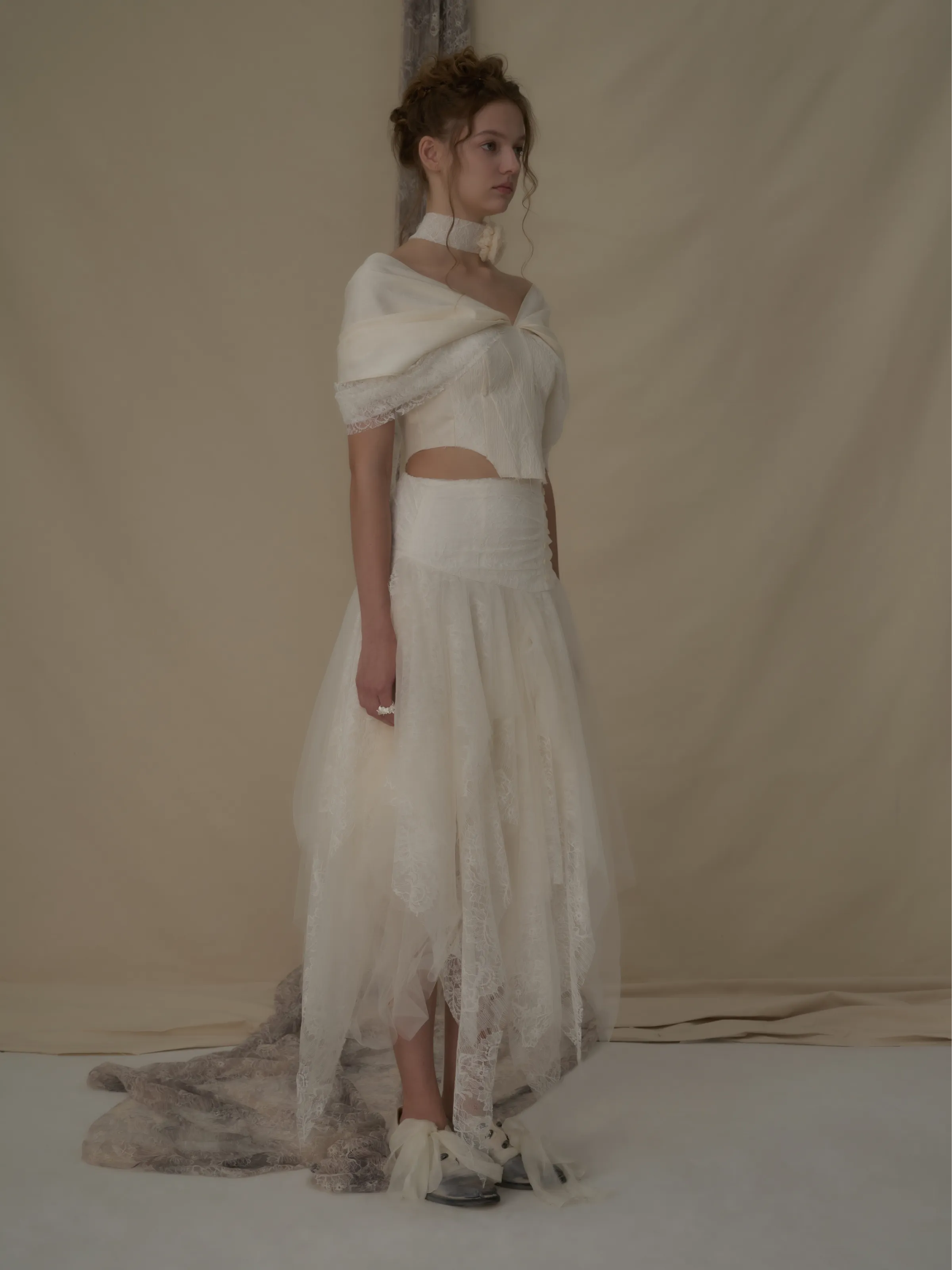 Beige Jacquard Off-Shoulder Lace Top