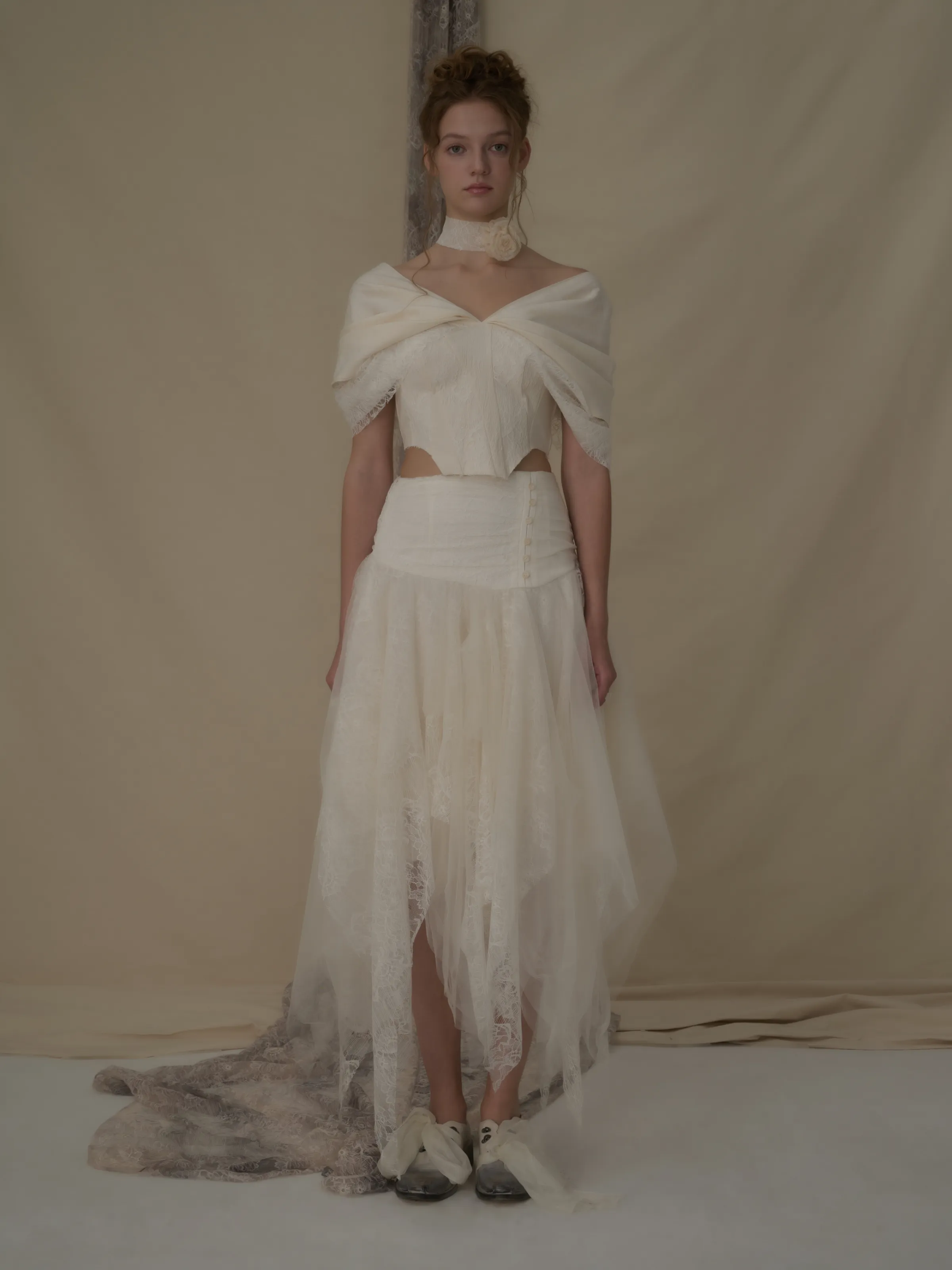 Beige Jacquard Off-Shoulder Lace Top