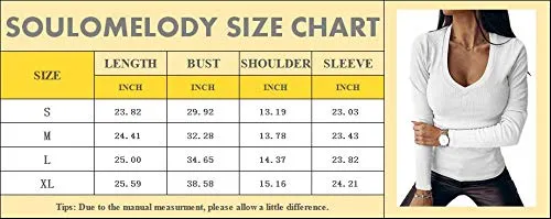Beige Women Casual Deep V Neck Shirts Long Sleeve Ribbed Slim Solid Tunics Basic Tee Shirts Tops - Soulomelody