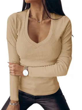 Beige Women Casual Deep V Neck Shirts Long Sleeve Ribbed Slim Solid Tunics Basic Tee Shirts Tops - Soulomelody