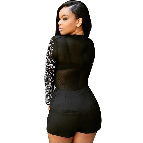 Black Print Mesh Patchwork Long Sleeve Short Blouse