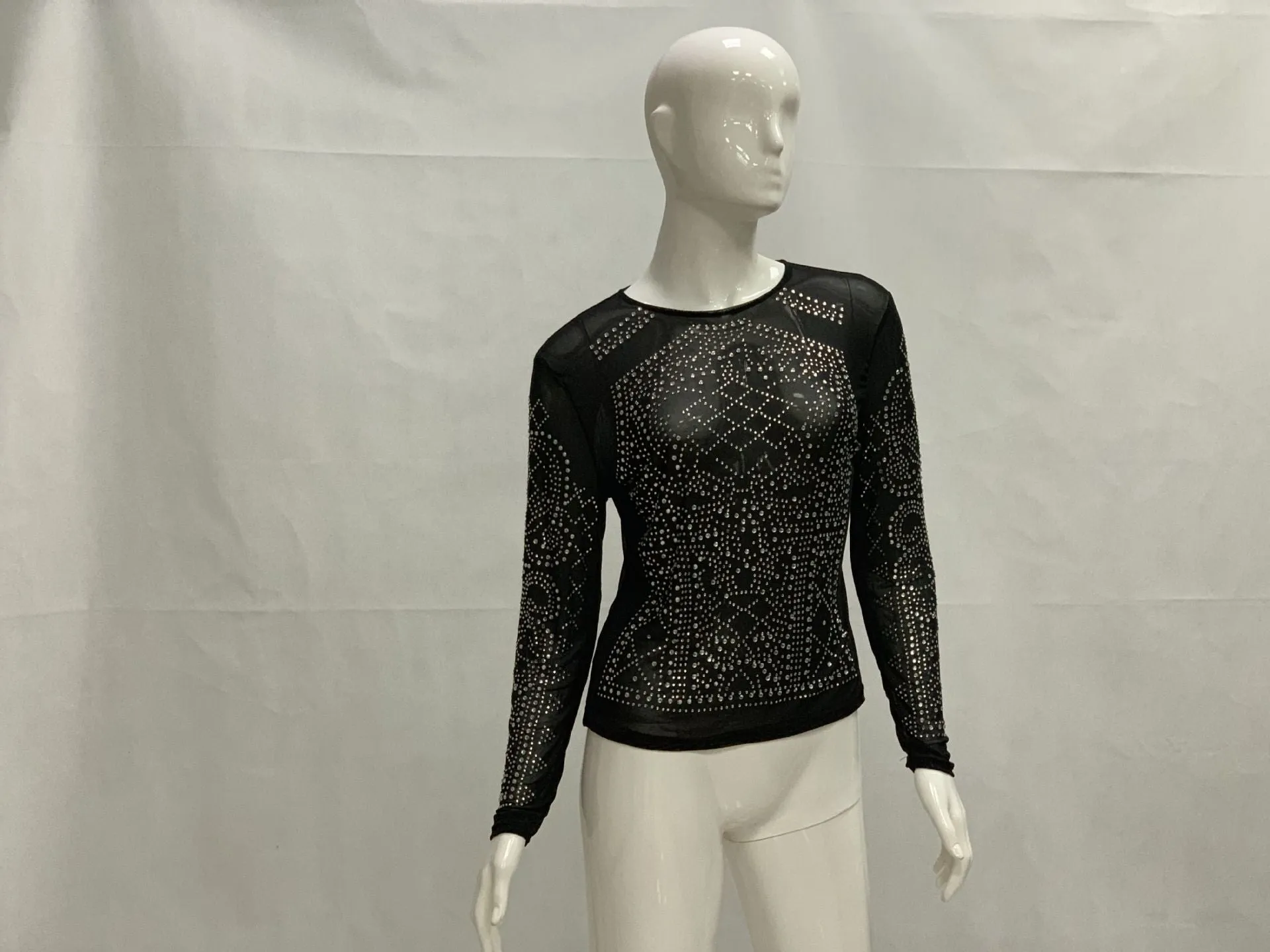 Black Print Mesh Patchwork Long Sleeve Short Blouse