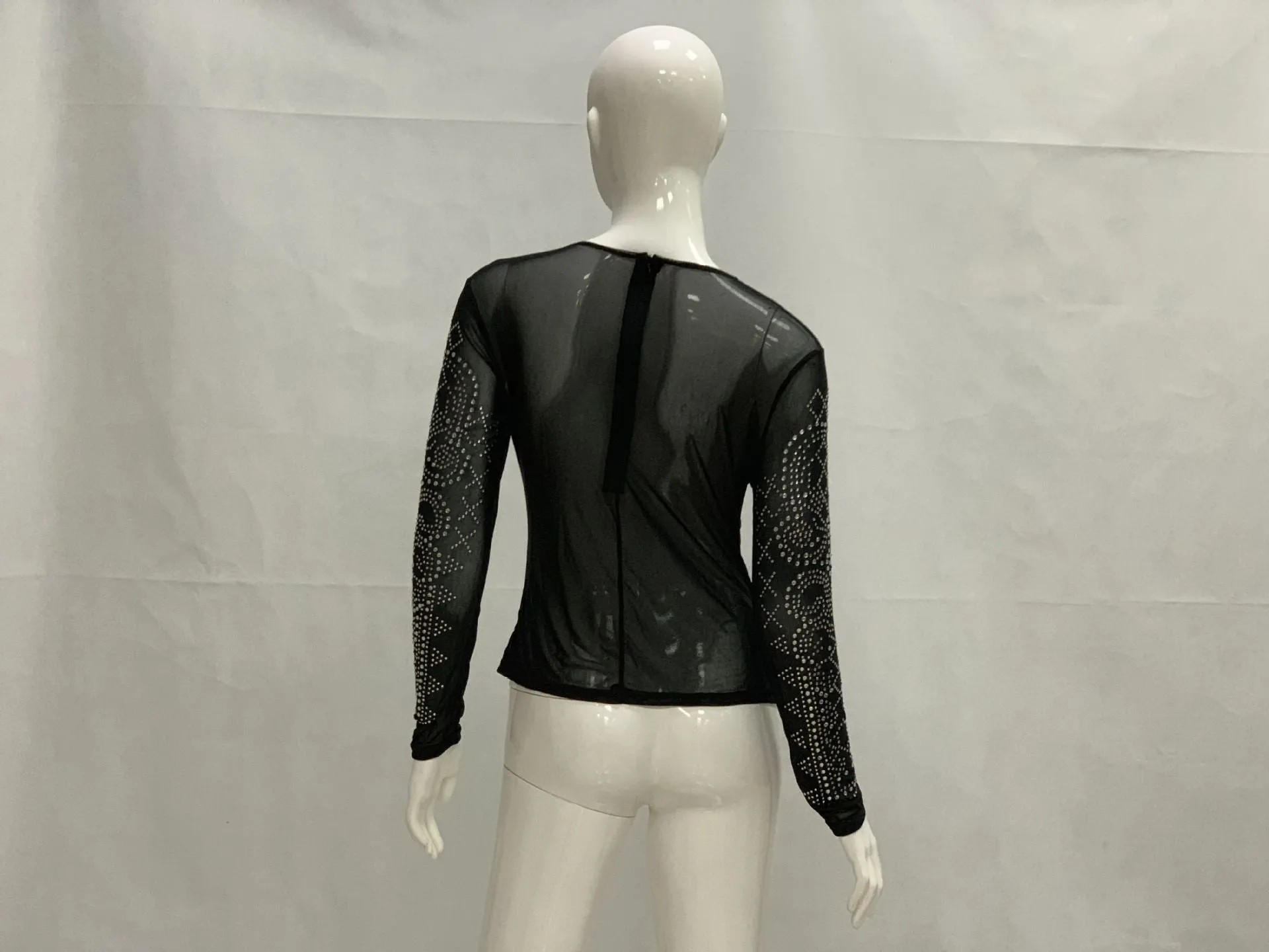 Black Print Mesh Patchwork Long Sleeve Short Blouse