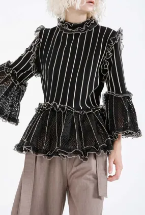 Black Ruffled Mesh Openwork Blouse