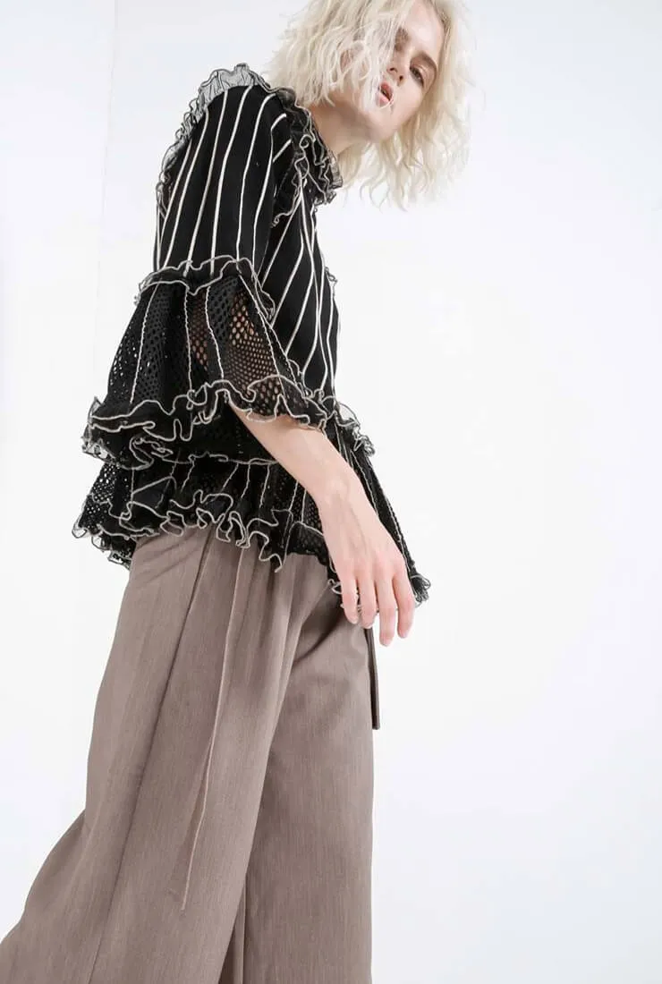 Black Ruffled Mesh Openwork Blouse