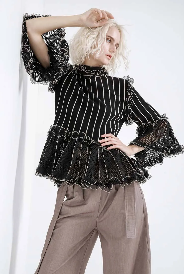 Black Ruffled Mesh Openwork Blouse