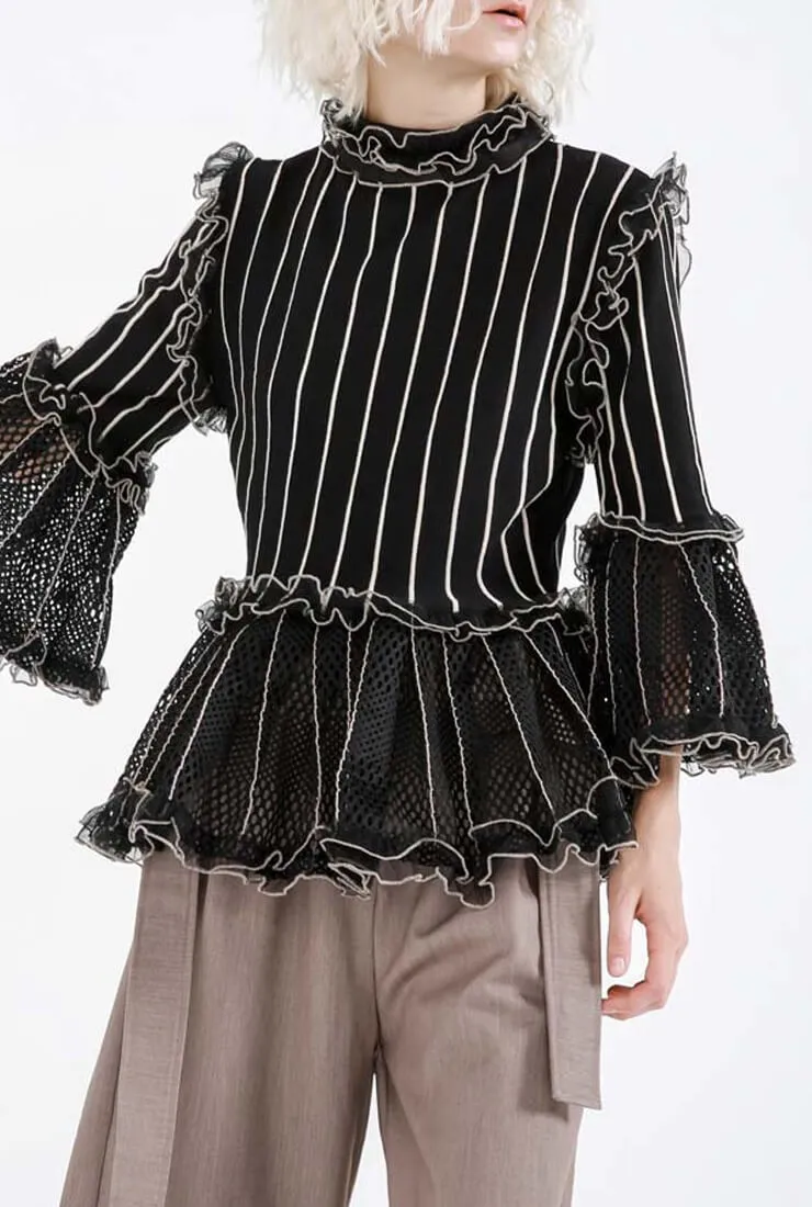 Black Ruffled Mesh Openwork Blouse