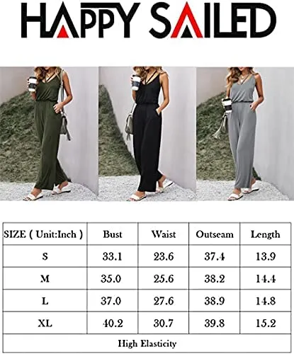 Black Sleeveless Women's Casual Sleeveless Front Button Loose Jumpsuits Stretchy Long Pants Romper with Pockets - Happy Sailed