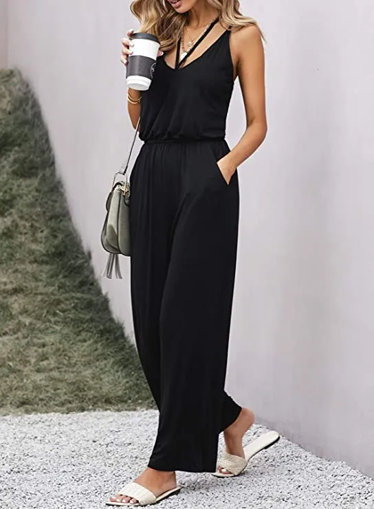 Black Sleeveless Women's Casual Sleeveless Front Button Loose Jumpsuits Stretchy Long Pants Romper with Pockets - Happy Sailed