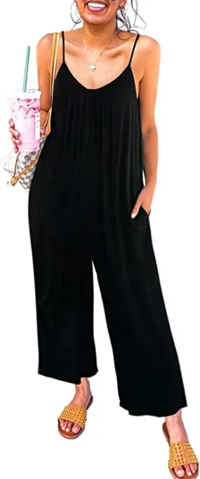 Black Sleeveless Women's Casual Sleeveless Front Button Loose Jumpsuits Stretchy Long Pants Romper with Pockets - Happy Sailed