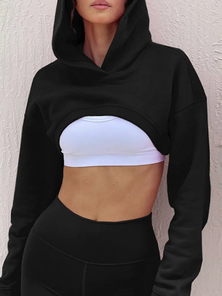 Black Sporty Hoodie Pullover Long Sleeve Top