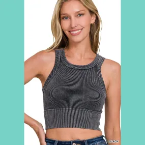 Black Stone Washed Ribbed Seamless Top