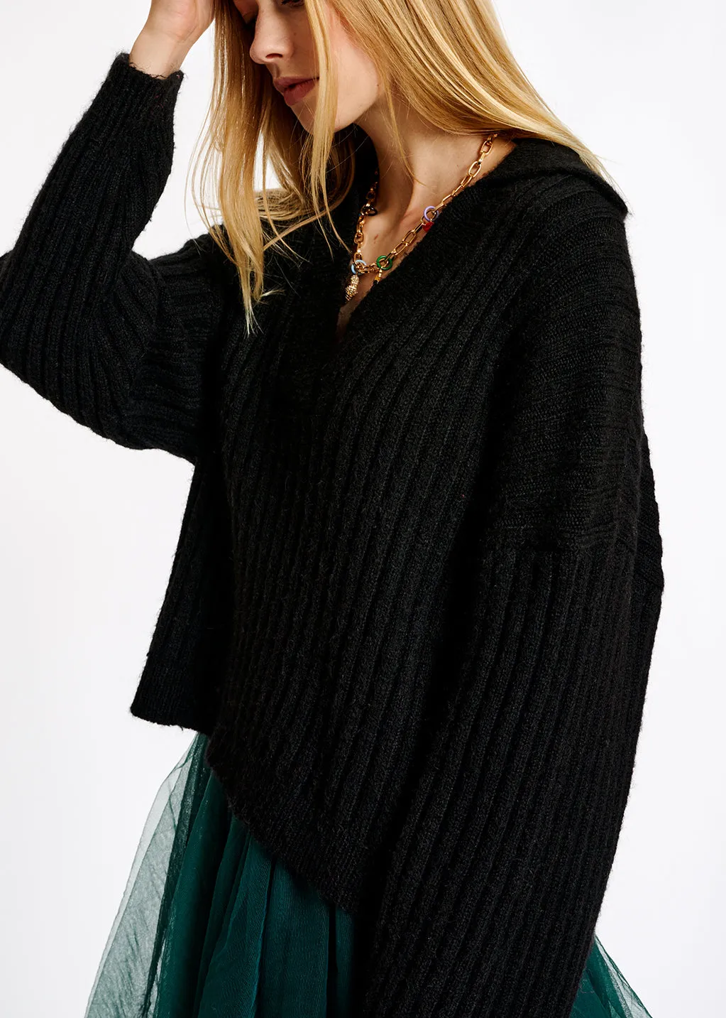 Black V-neck ribbed-knit sweater