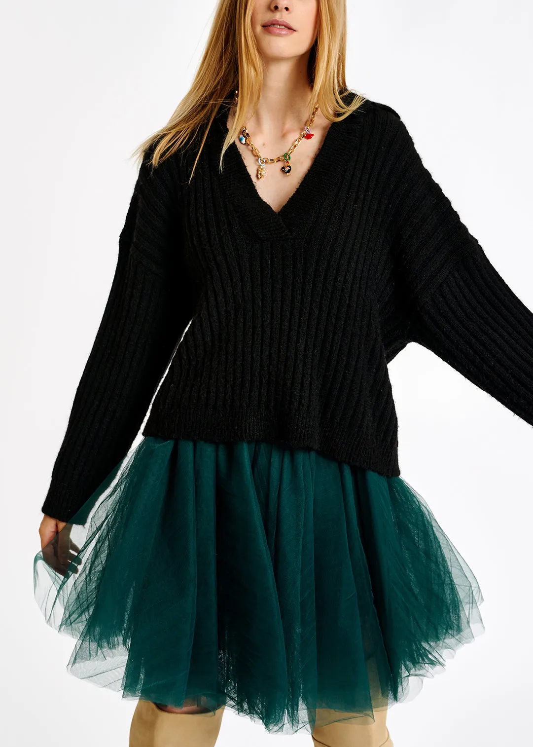 Black V-neck ribbed-knit sweater