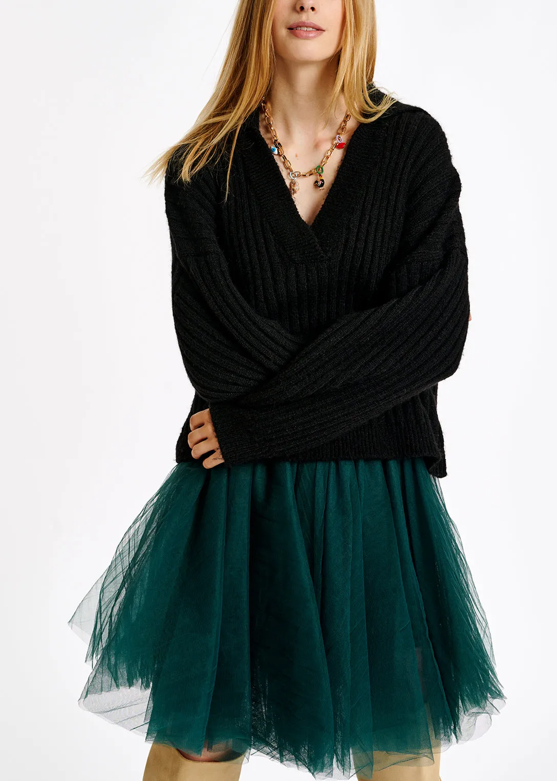 Black V-neck ribbed-knit sweater
