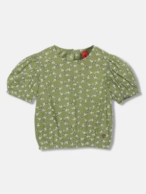 Blue Giraffe Girls Olive Printed Round Neck Short Sleeves Top