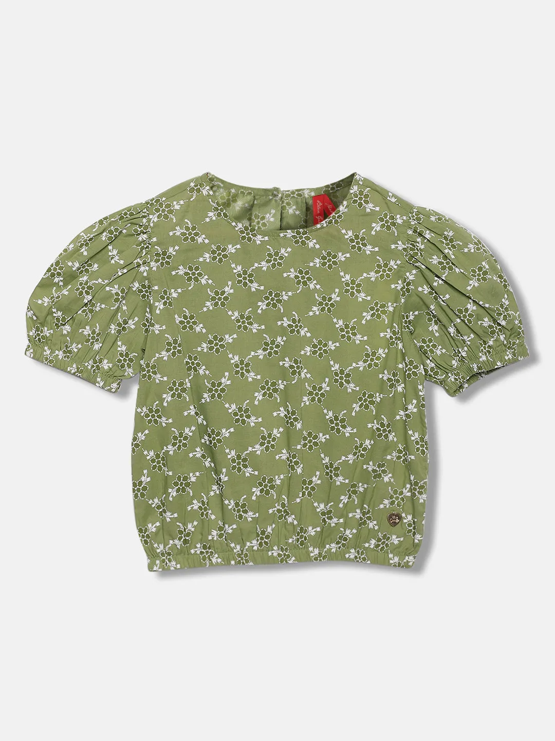 Blue Giraffe Girls Olive Printed Round Neck Short Sleeves Top