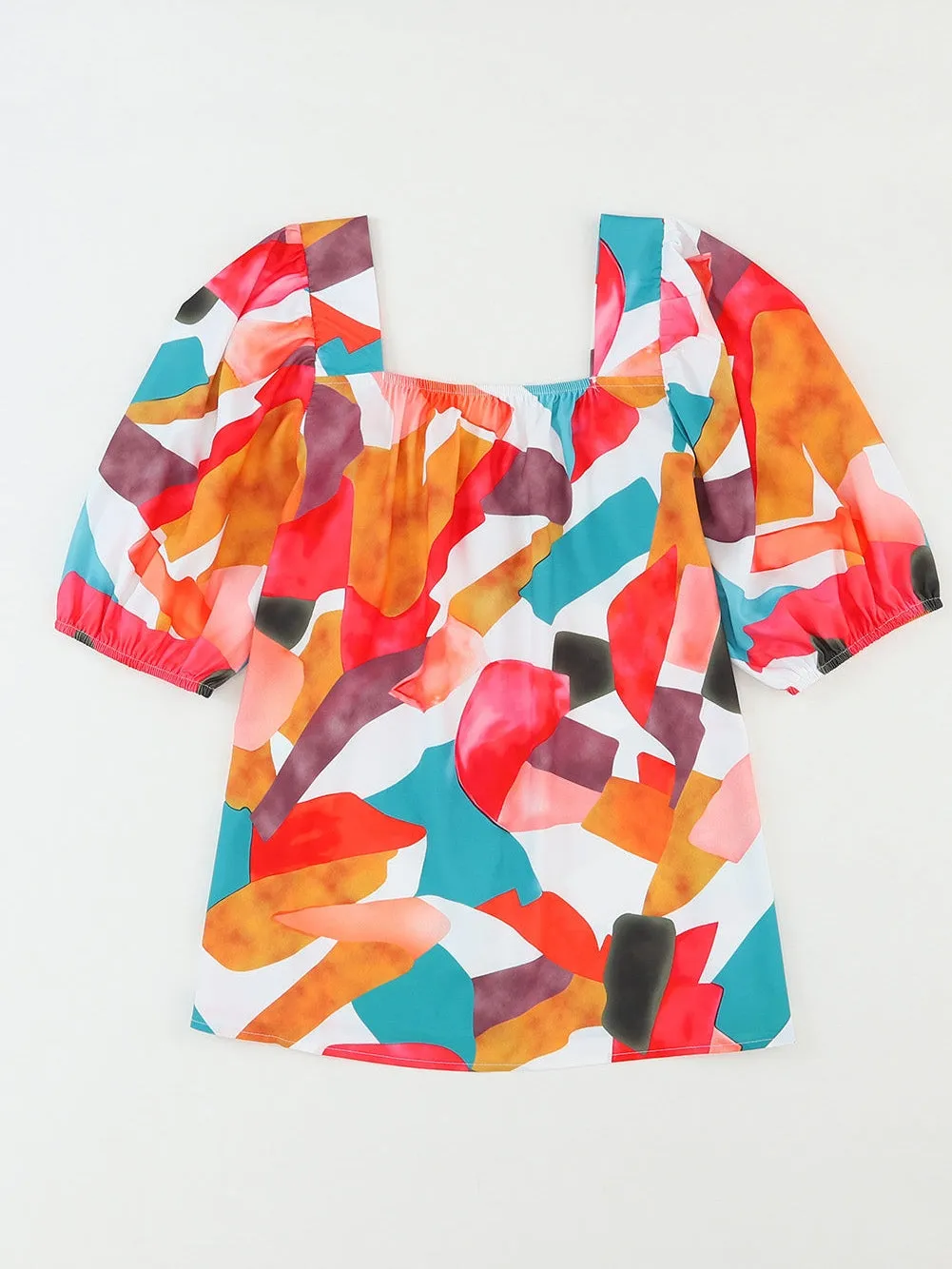 Boho Chic Multicolored Square Neck Abstract Print Blouse