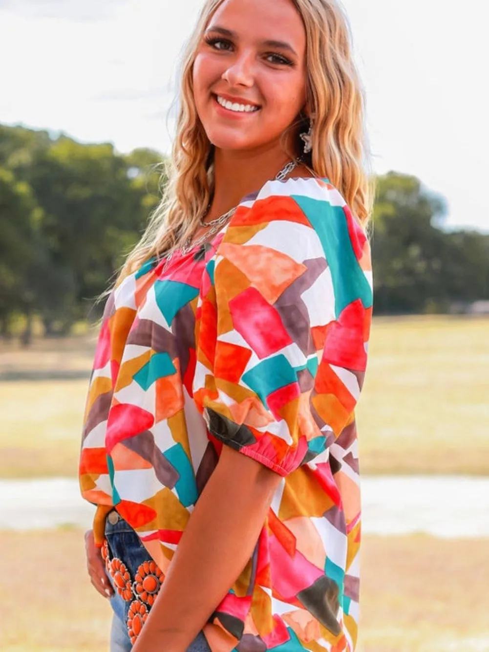 Boho Chic Multicolored Square Neck Abstract Print Blouse