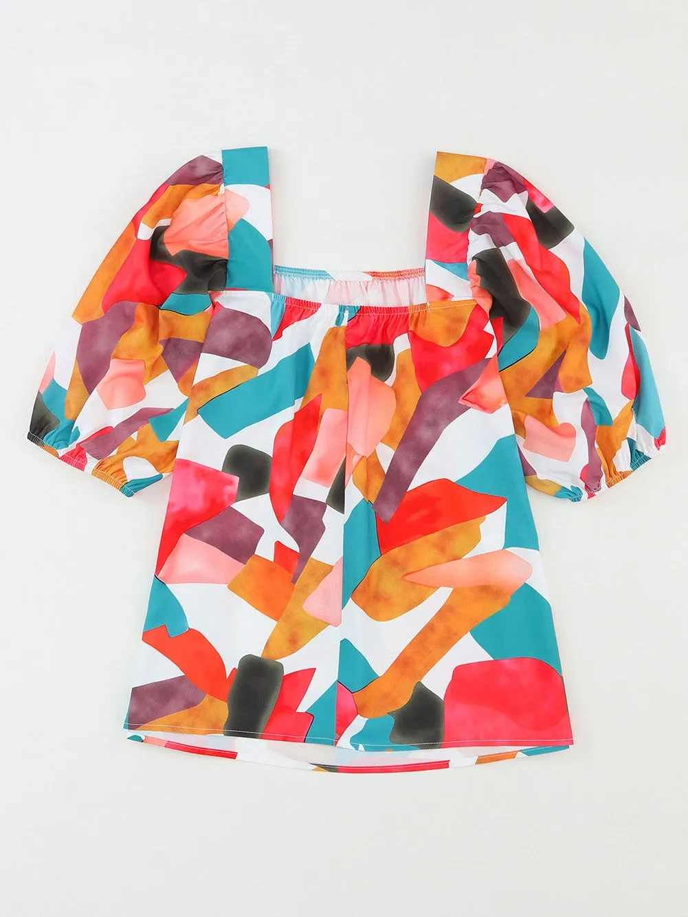 Boho Chic Multicolored Square Neck Abstract Print Blouse