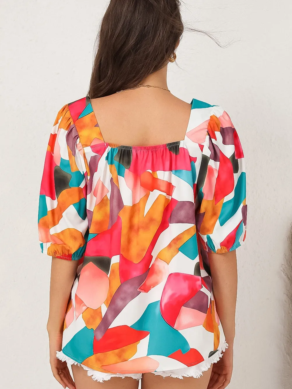 Boho Chic Multicolored Square Neck Abstract Print Blouse