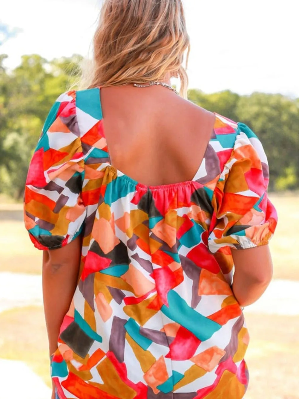 Boho Chic Multicolored Square Neck Abstract Print Blouse