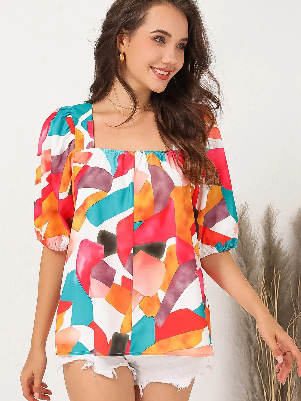 Boho Chic Multicolored Square Neck Abstract Print Blouse