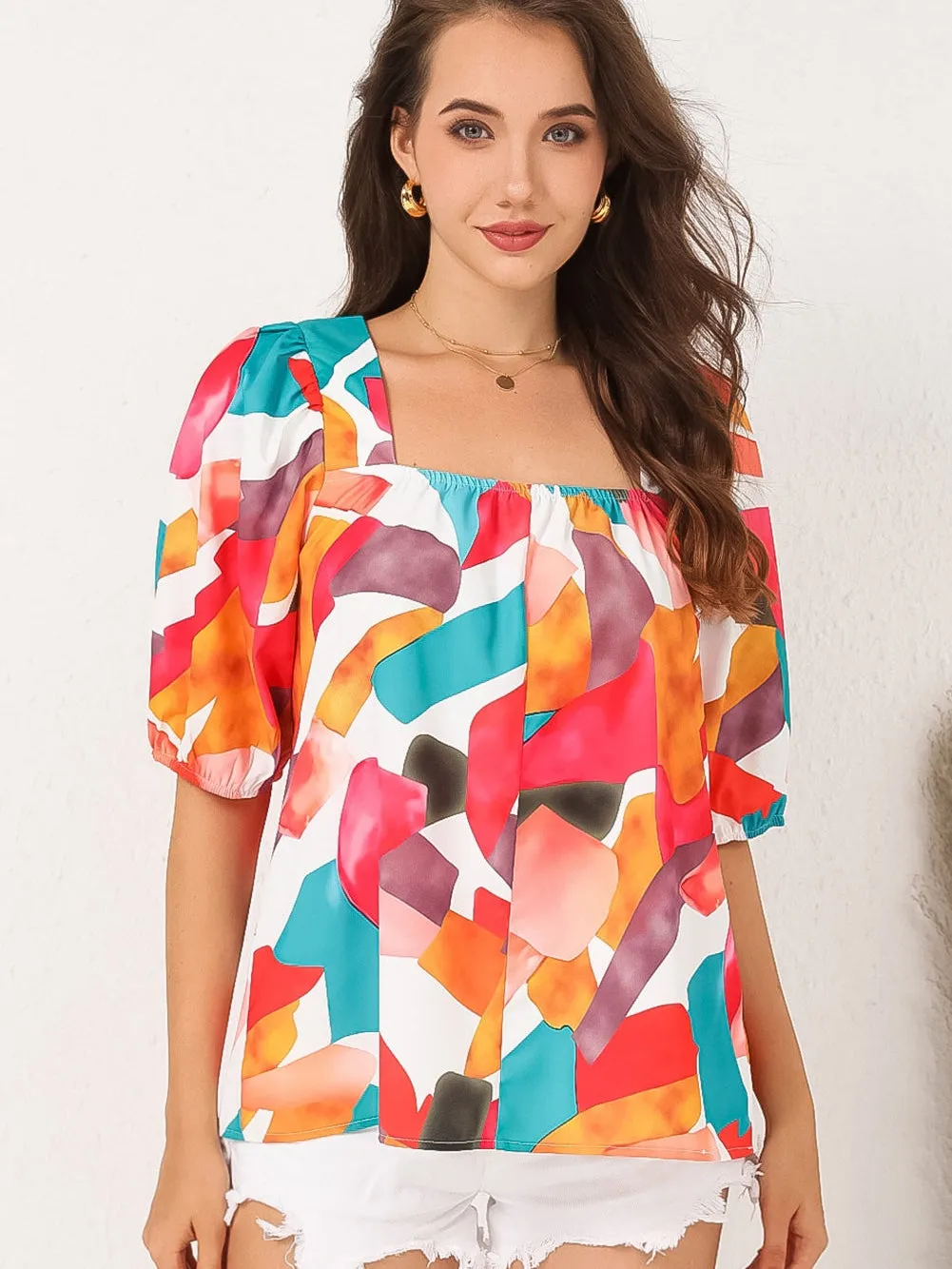 Boho Chic Multicolored Square Neck Abstract Print Blouse
