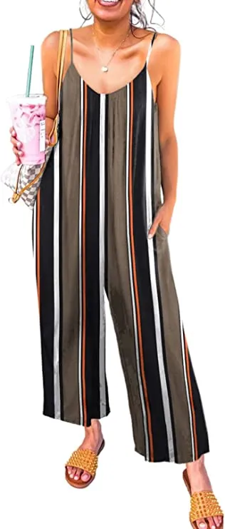 Brown Pattren Women's Casual Sleeveless Front Button Loose Jumpsuits Stretchy Long Pants Romper with Pockets - Happy Sailed