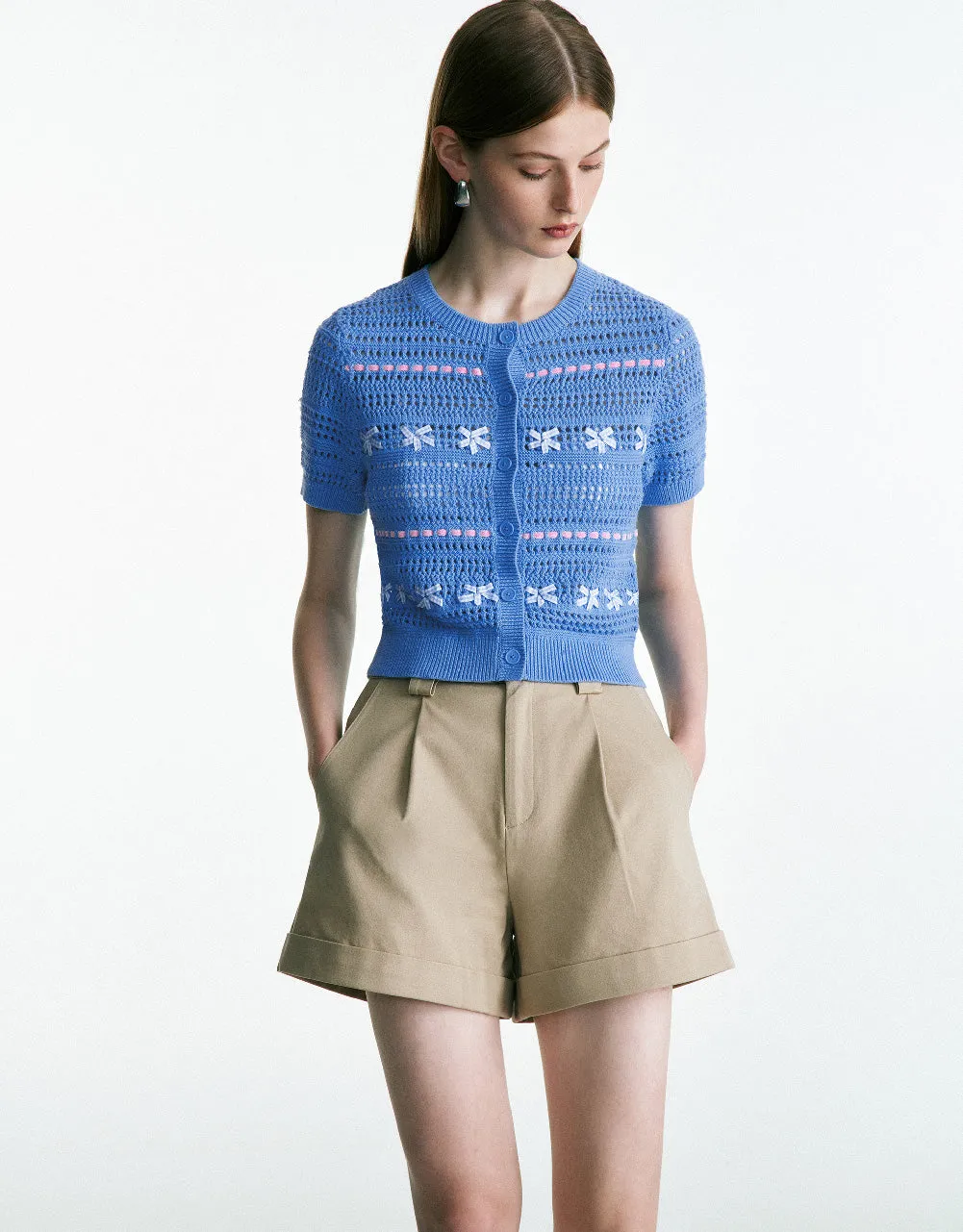 Crochet Crew Neck Knitted Cardigan