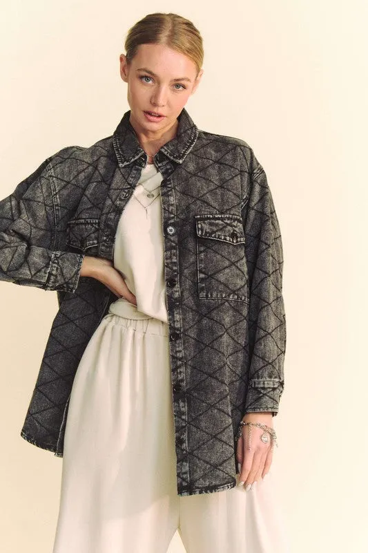 Davi & Dani Black Curved Hem Diamond Quilted Button Up Denim Shacket