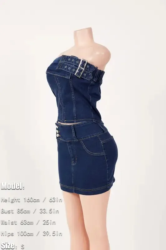 Denim Bandeau Top Mini Skirt Set