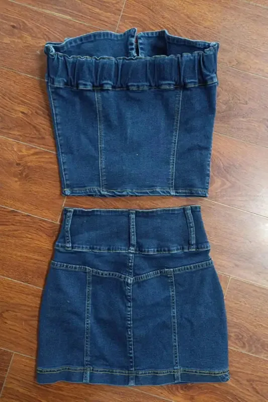 Denim Bandeau Top Mini Skirt Set