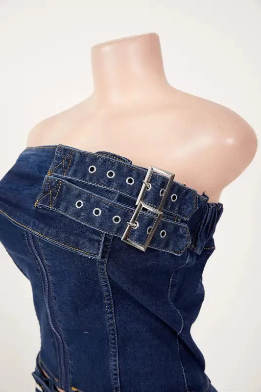Denim Bandeau Top Mini Skirt Set