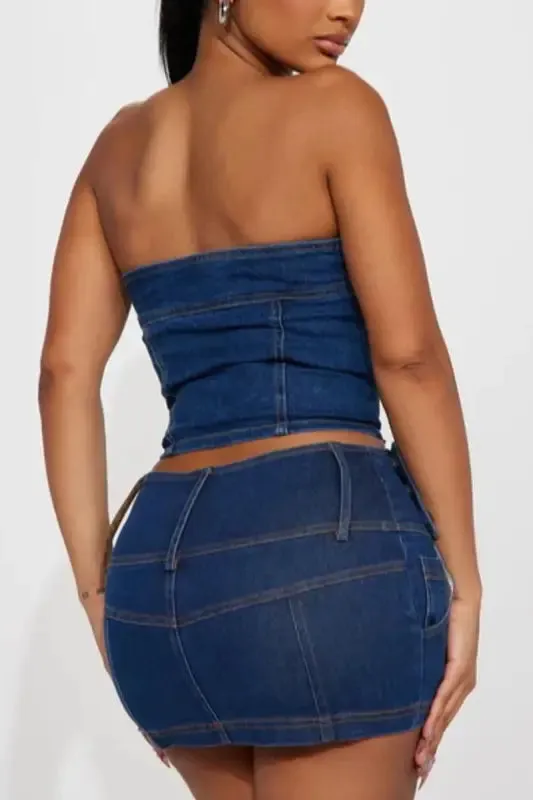 Denim Bandeau Top Mini Skirt Set