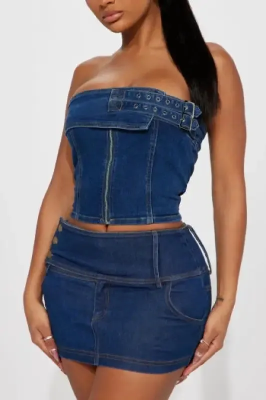 Denim Bandeau Top Mini Skirt Set