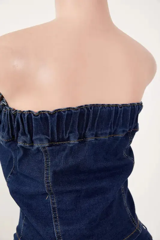 Denim Bandeau Top Mini Skirt Set