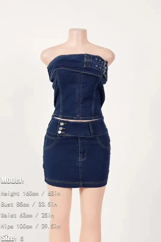 Denim Bandeau Top Mini Skirt Set