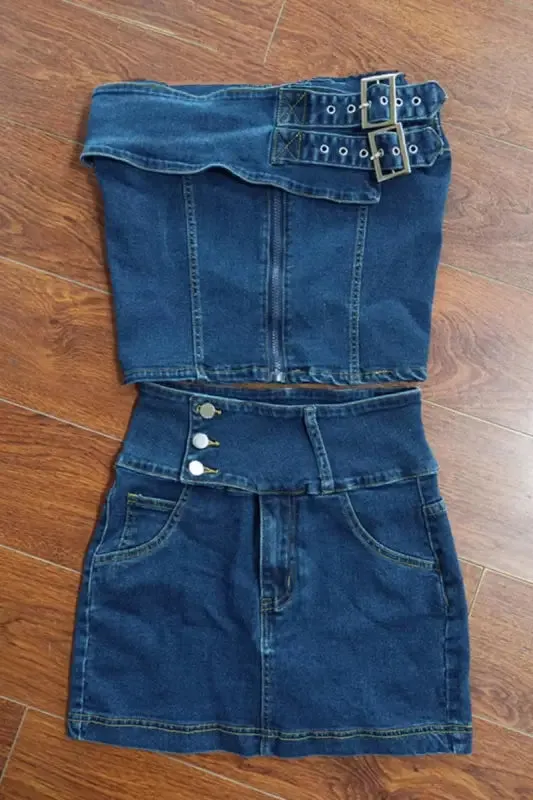 Denim Bandeau Top Mini Skirt Set