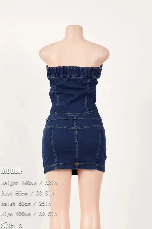 Denim Bandeau Top Mini Skirt Set