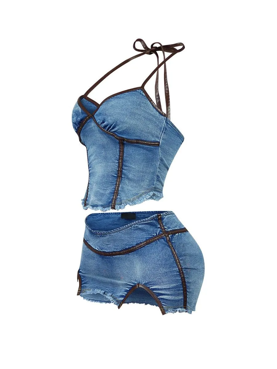 Denim Halter Neck Top & Skirt Set