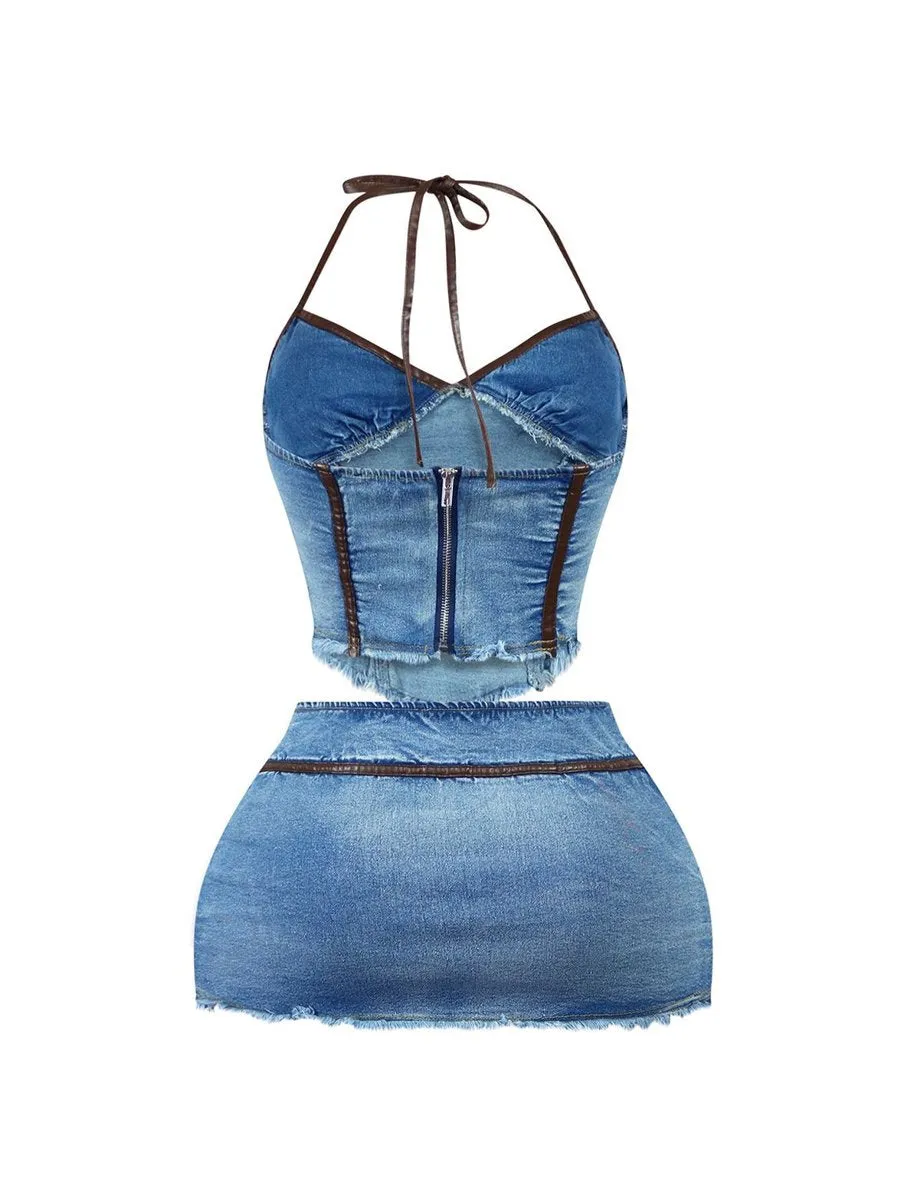 Denim Halter Neck Top & Skirt Set
