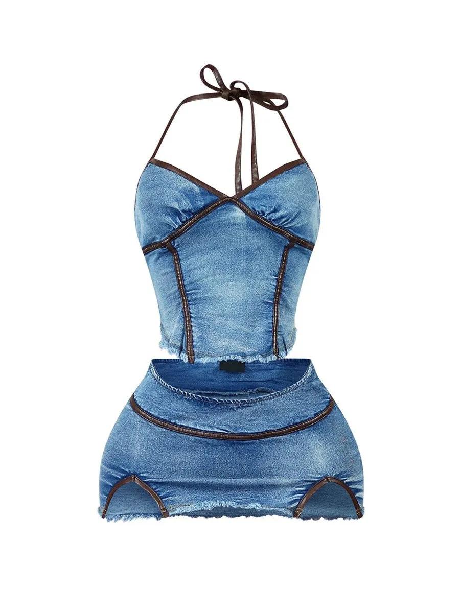 Denim Halter Neck Top & Skirt Set