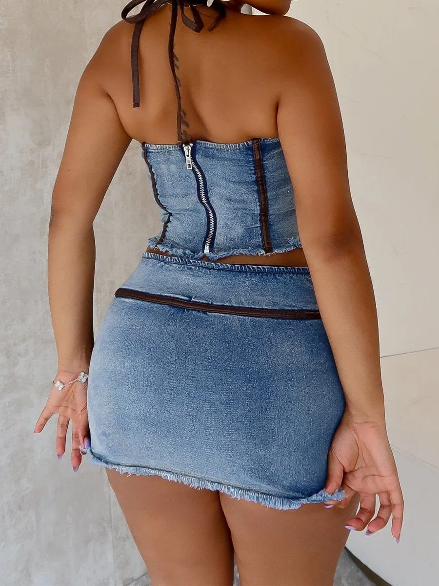Denim Halter Neck Top & Skirt Set