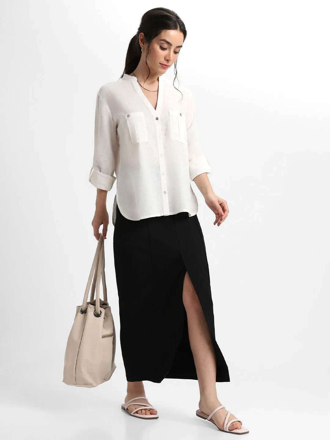 DL Woman Round Neck Regular Fit Solid Off White Top