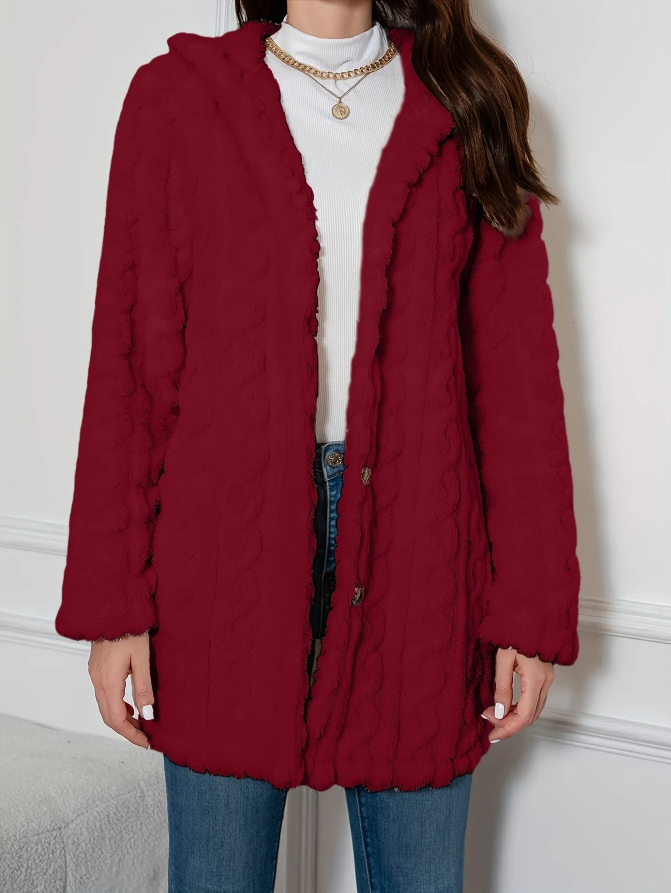Elegant Knit Fur Coat with Hood & Double Buttons - Spring/Autumn
