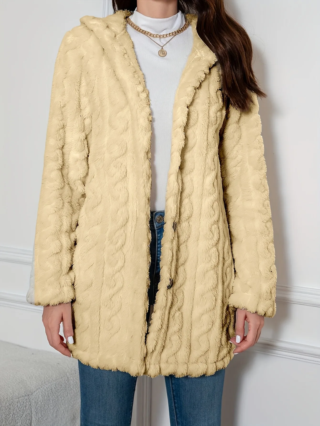 Elegant Knit Fur Coat with Hood & Double Buttons - Spring/Autumn