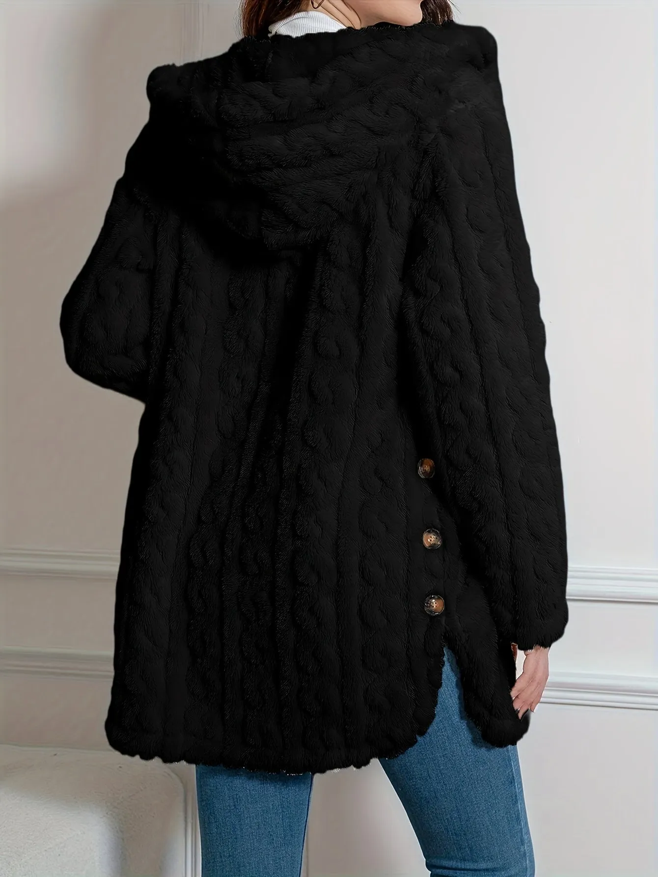 Elegant Knit Fur Coat with Hood & Double Buttons - Spring/Autumn
